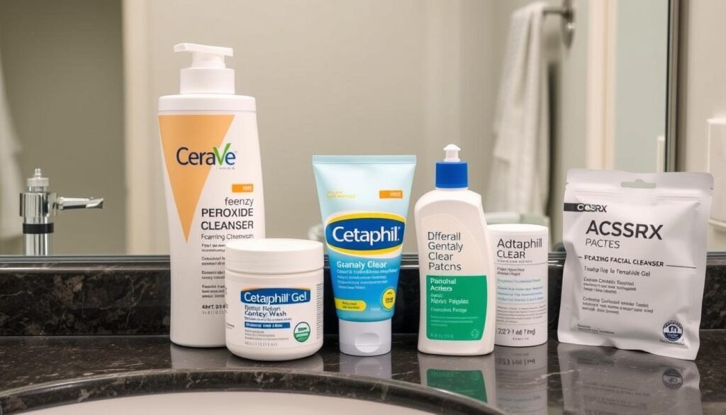 Collection of the best acne treatments available on Amazon arranged on a bathroom counter