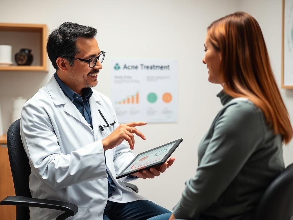 Dermatologist consulting with patient about acne treatment options