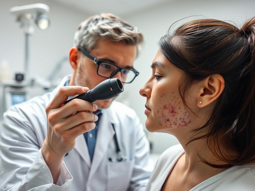 Dermatologist examining patient with severe acne requiring professional treatment