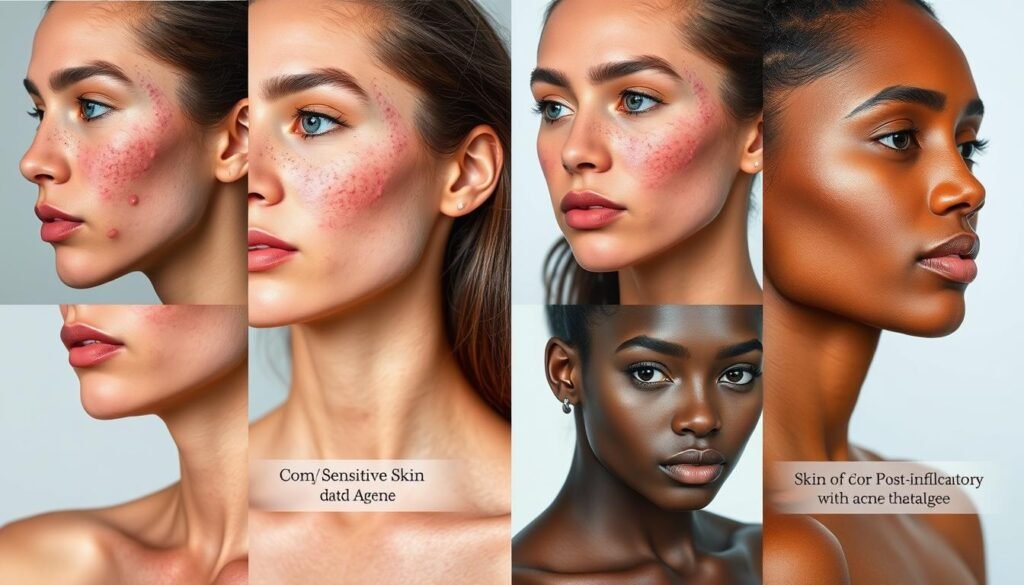 Different skin types showing various acne patterns and best treatment approaches