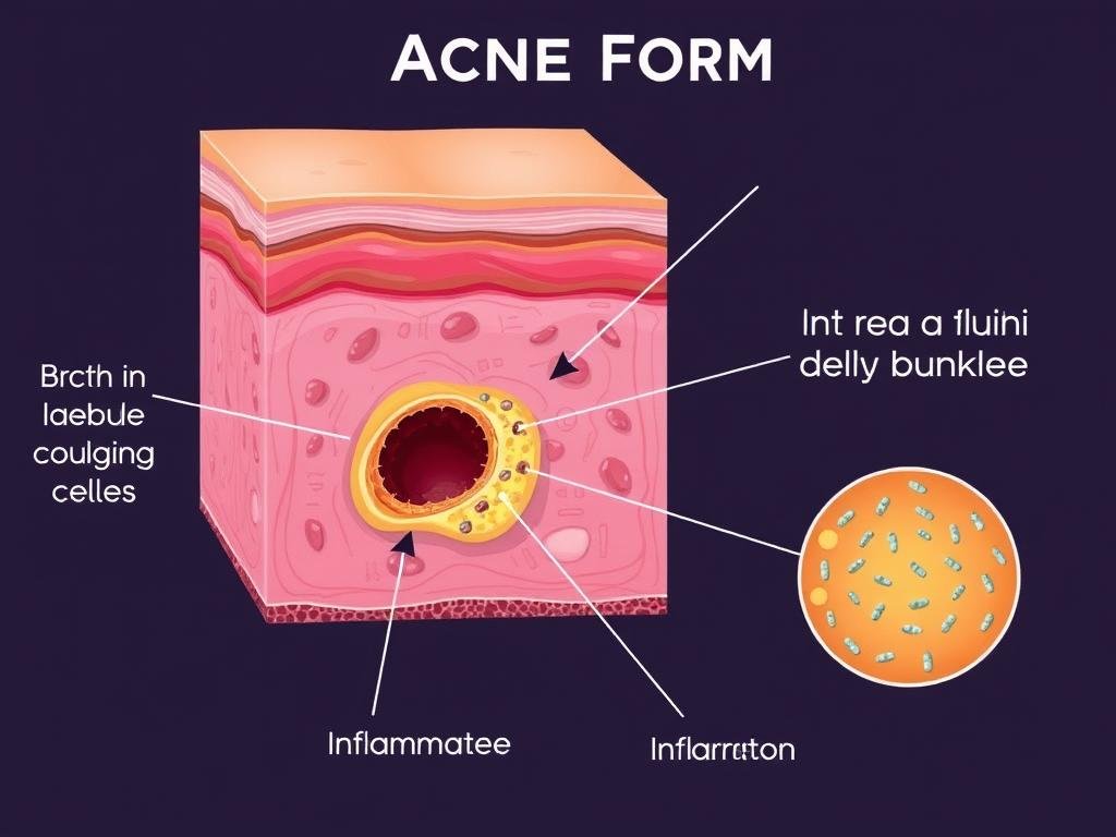 Illustration showing how acne forms in skin pores with excess oil and bacteria