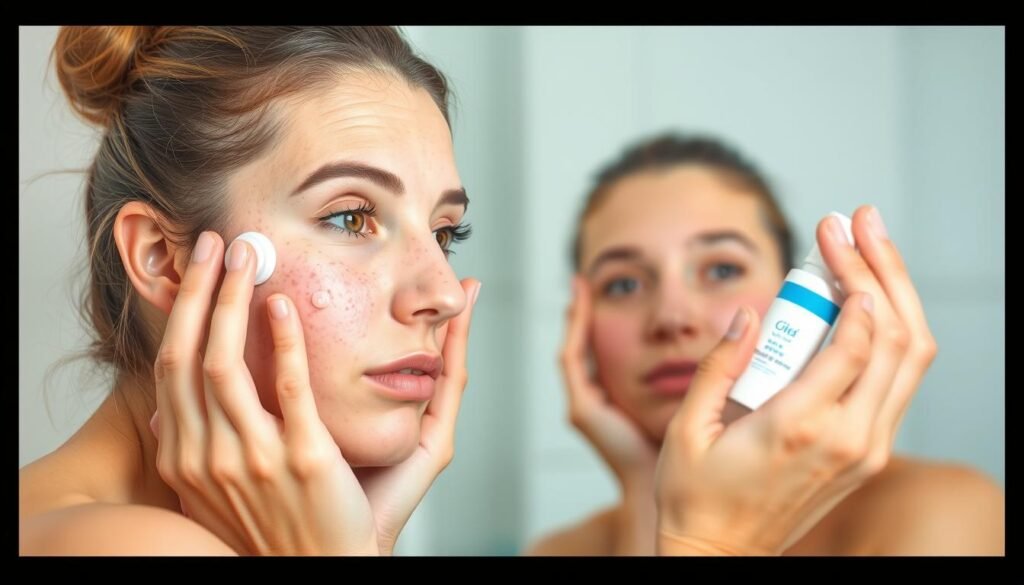 Person applying acne treatment product to face in bathroom mirror