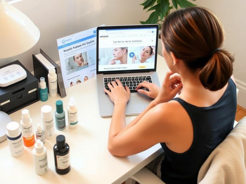 Person researching best acne treatments on laptop with skincare products nearby