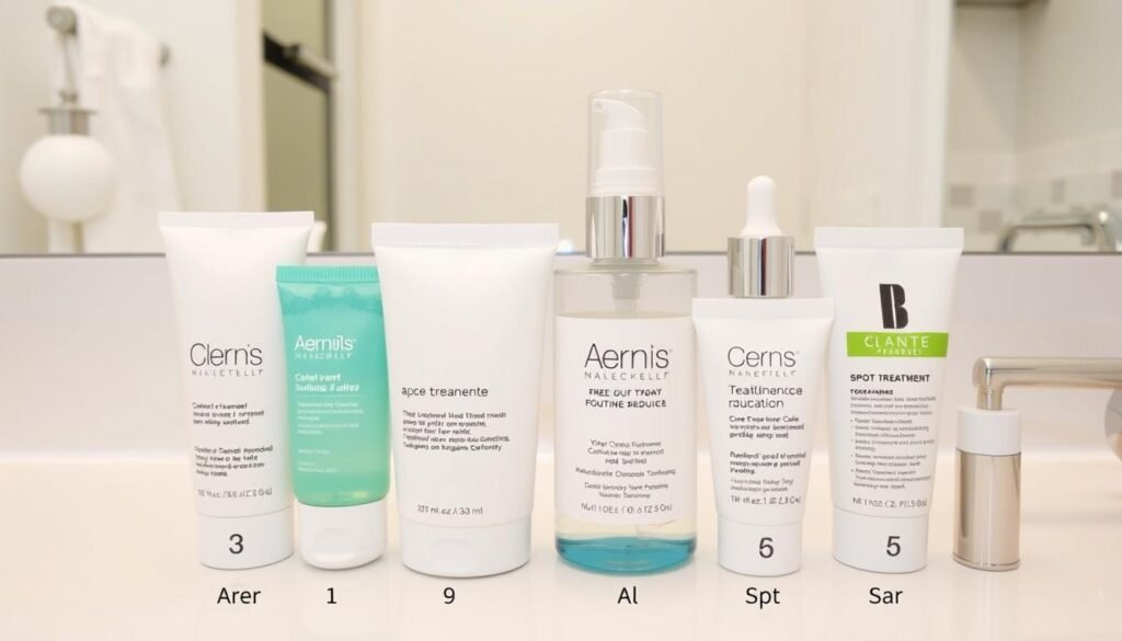 Step-by-step skincare routine using best acne treatments laid out in order of application